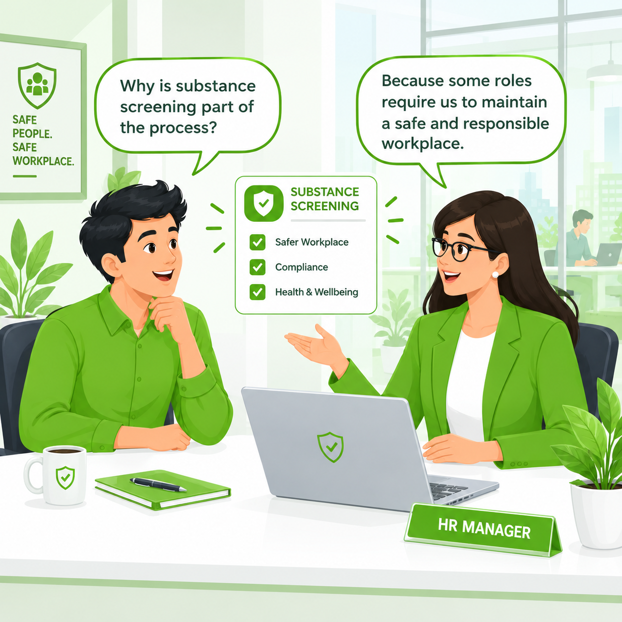 HR explaining substance screening importance comic