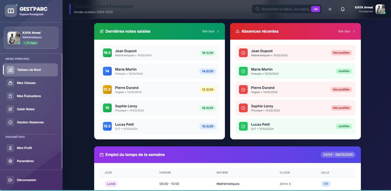 Dashboard Enseignant
