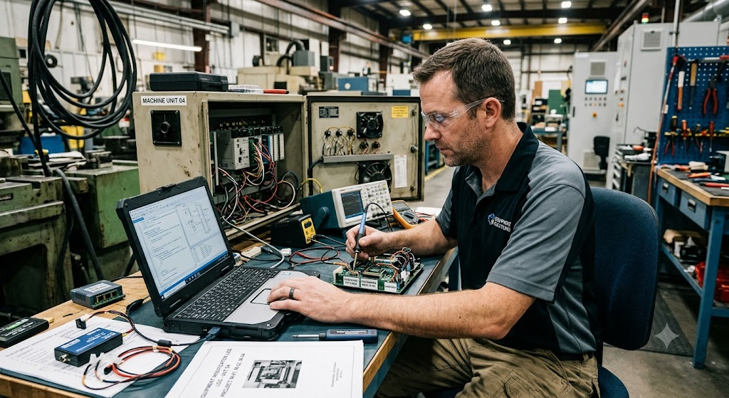 Technician operating an electronic circuit board next to MACHINE UNIT G4 cabinet