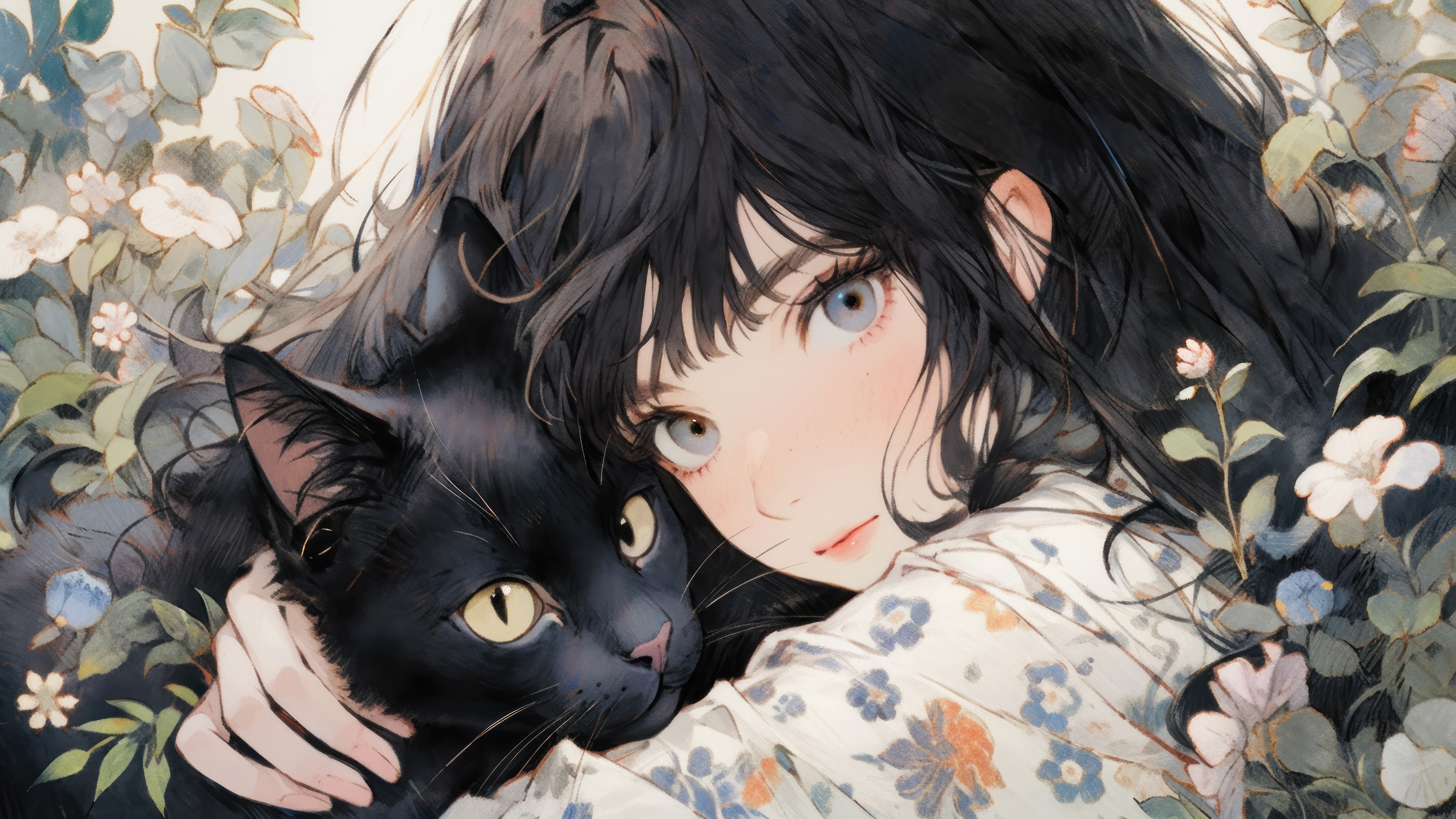Black Hair Girl Black Cat Flowers Anime