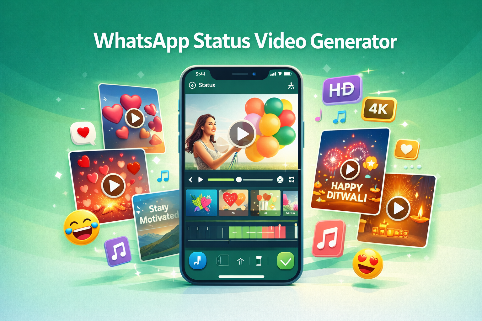 AI WhatsApp Status Generator interface showing video creation options
