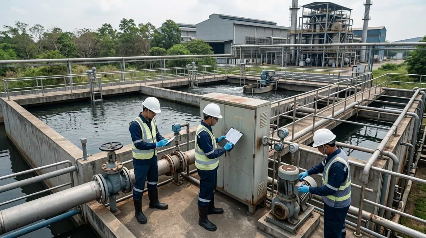 Engineer melakukan inspeksi WWTP industri untuk evaluation upgrade
