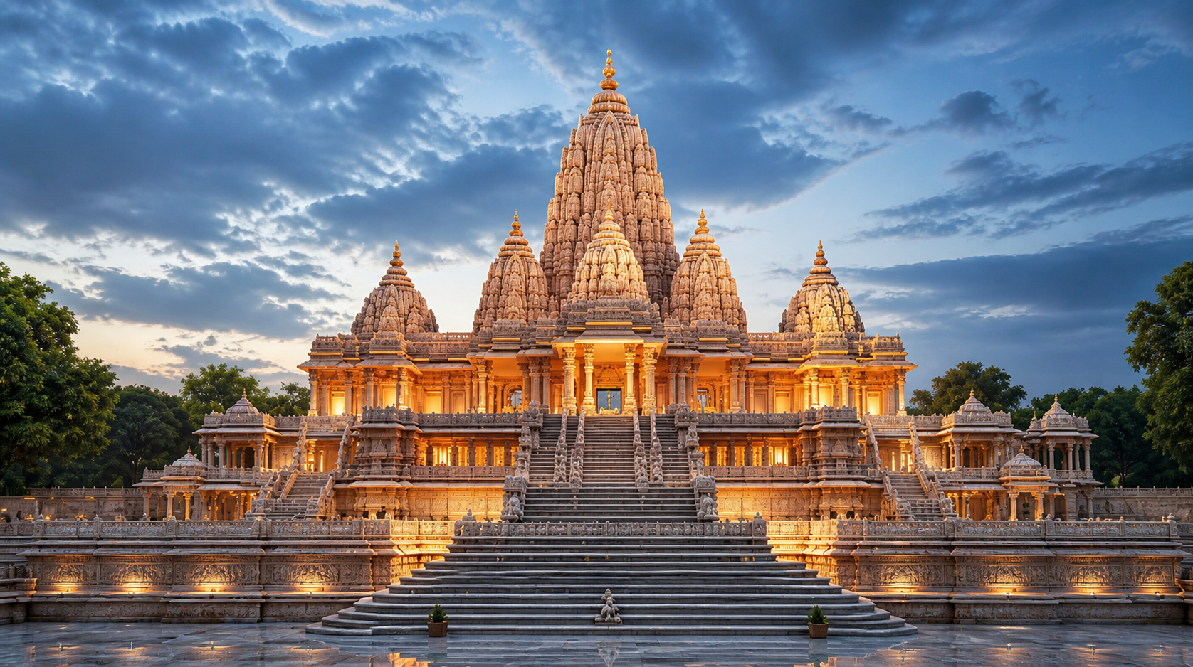 Magnificent ancient Indian stone temple at dusk