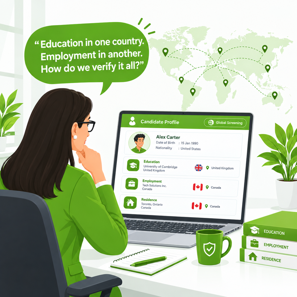 HR manager reviewing candidate global profile comic