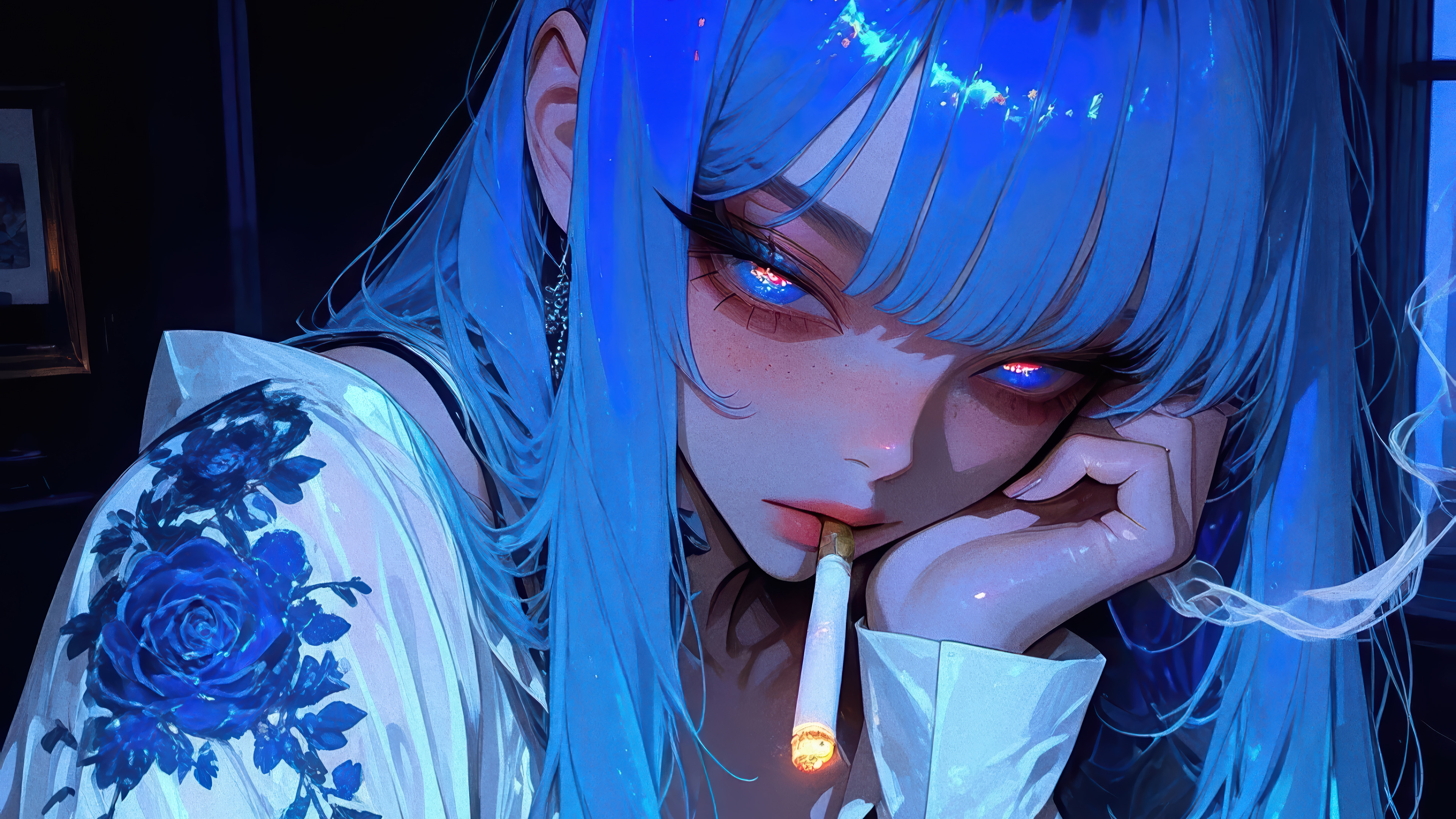 Blue Hair Rose Cigarette Anime