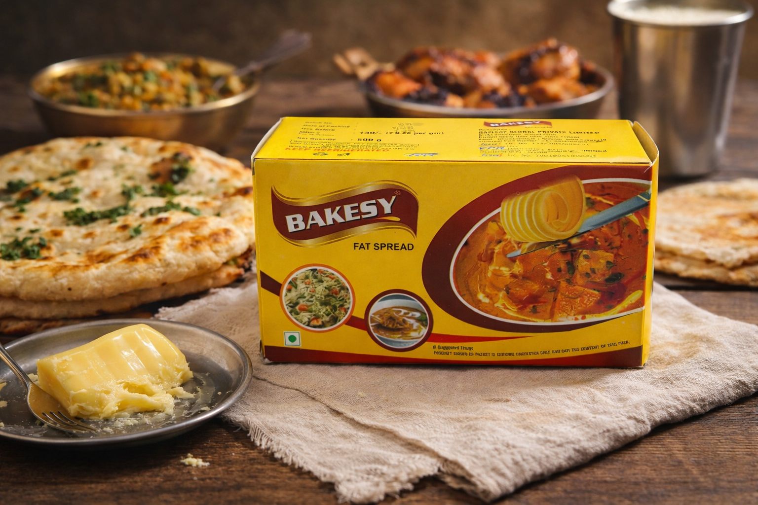 Bakesy Fat Spread product showcased with Indian cuisine — ideal for restaurants, hotels and HoReCa applications