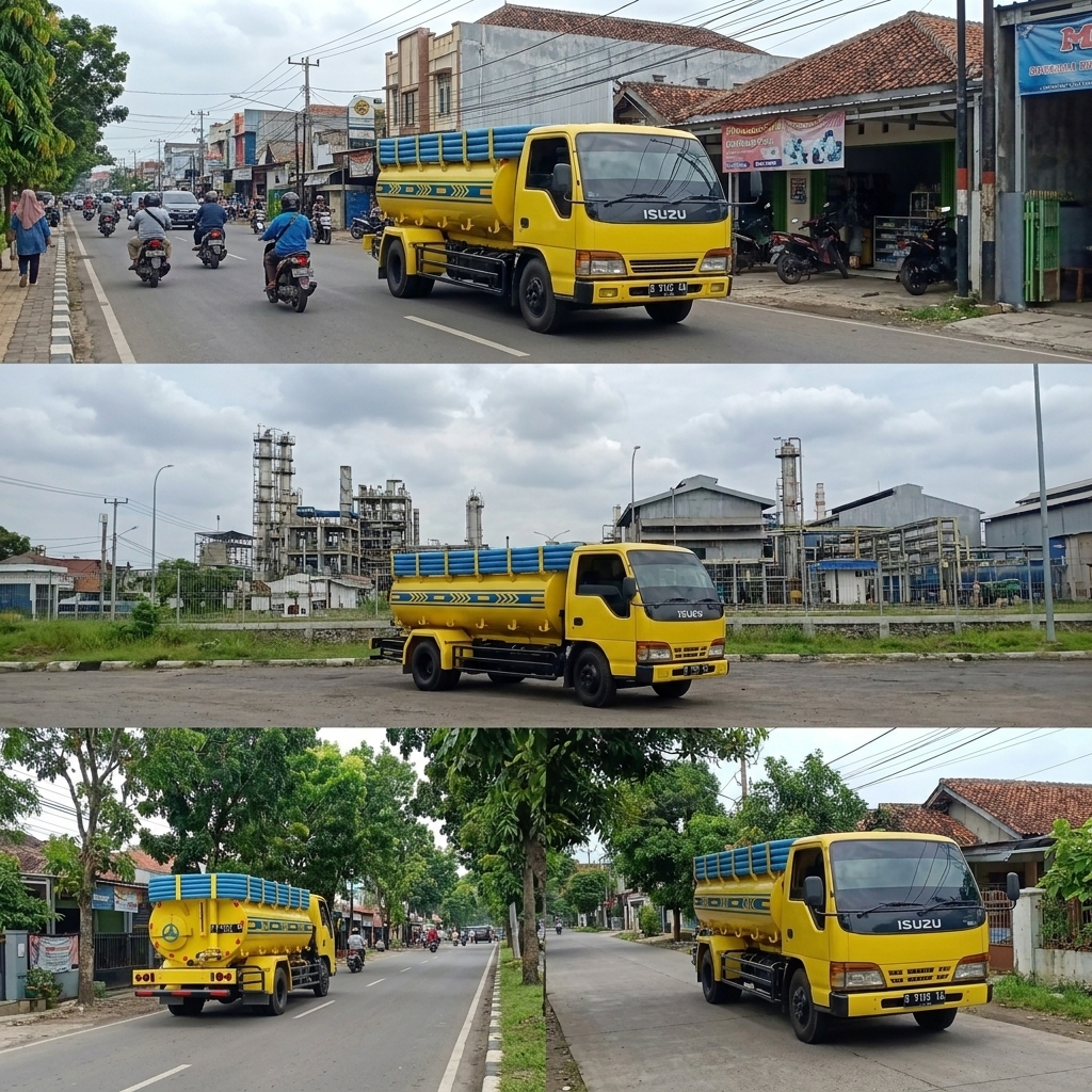 Armada truk ISUZU sedot limbah di jalan raya Karawang