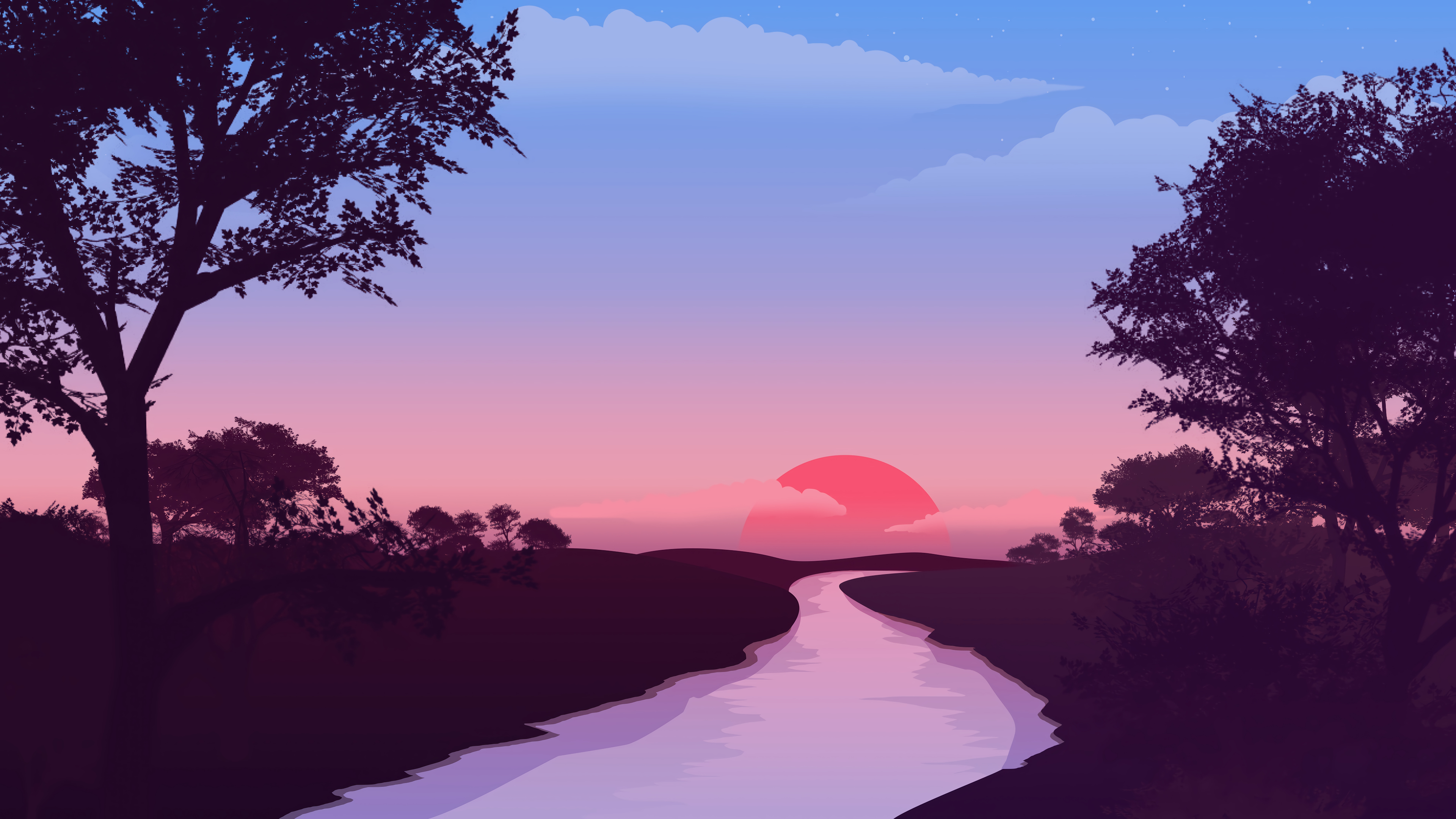 Winding River Through Forest Pink Sunset Dusk