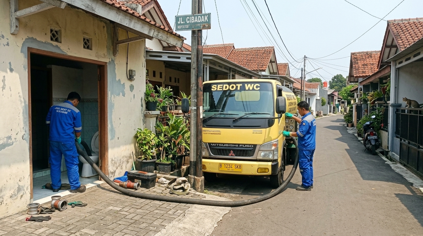 Tim teknisi sedot WC Sukabumi sedang menyedot septic tank di lorong Jalan Cibadak