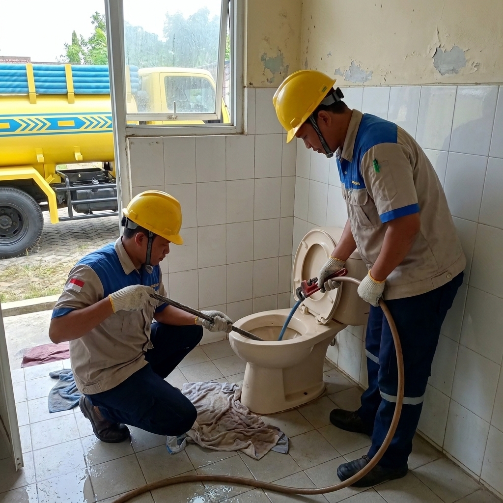 Teknisi memperbaiki WC mampet di kamar mandi