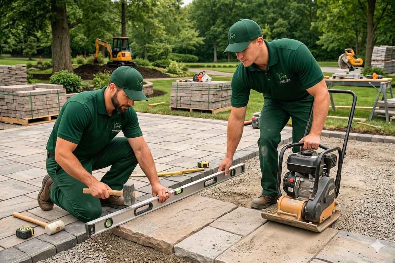 Trusted Lawn Services professional crew installing patio pavers in Jacksonville FL