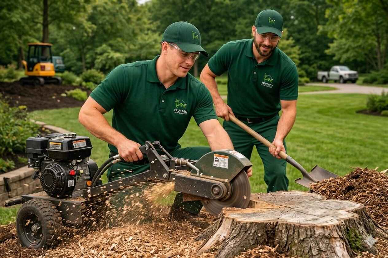Trusted Lawn Services crew in green uniforms performing stump grinding on residential lawn, one operator running stump cutting machine producing wood chips, another worker with shovel assisting, yellow excavator and white service truck in background