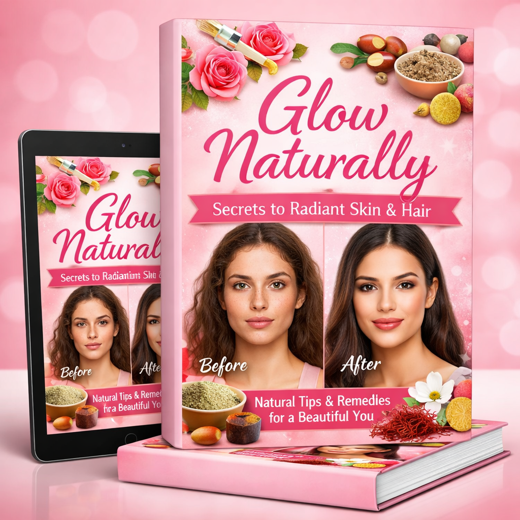Glow Naturally Secrets to Radiant Skin & Hair eBook cover showing natural beauty tips