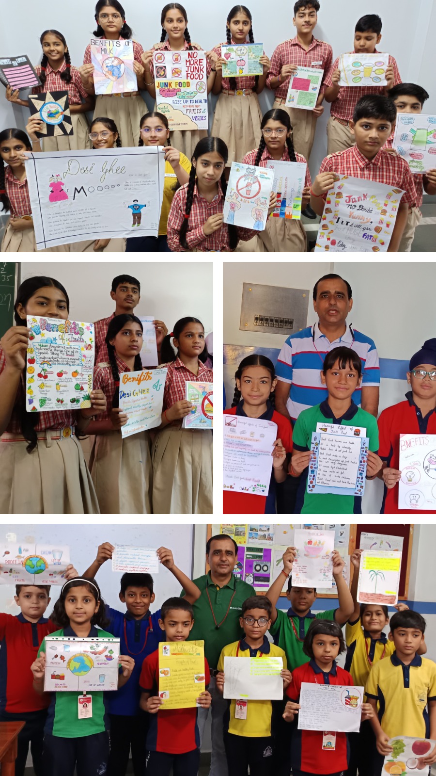 Students displaying handmade health nutrition posters in classroom