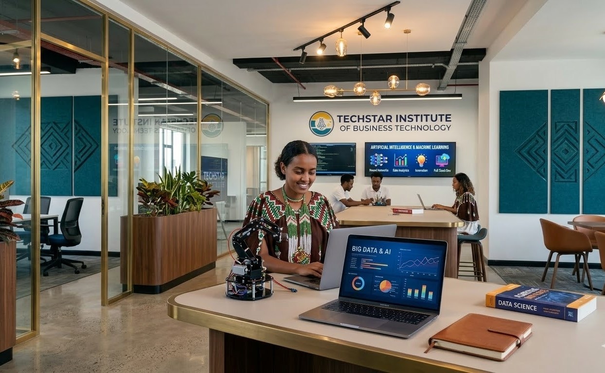 TechStar Institute office environment with students collaborating on Big Data and AI projects