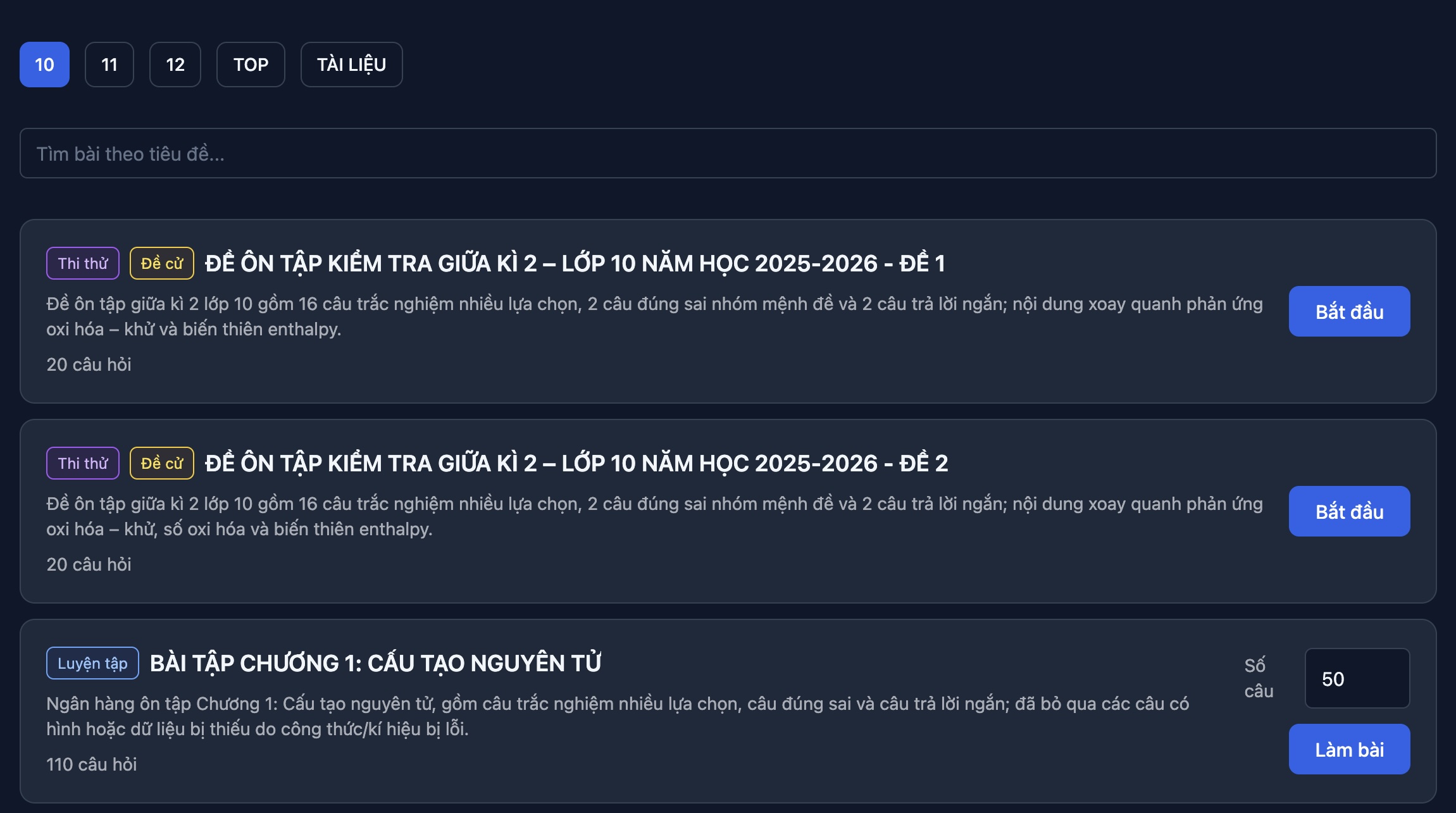 Giao diện danh sách đề thi ChemAI