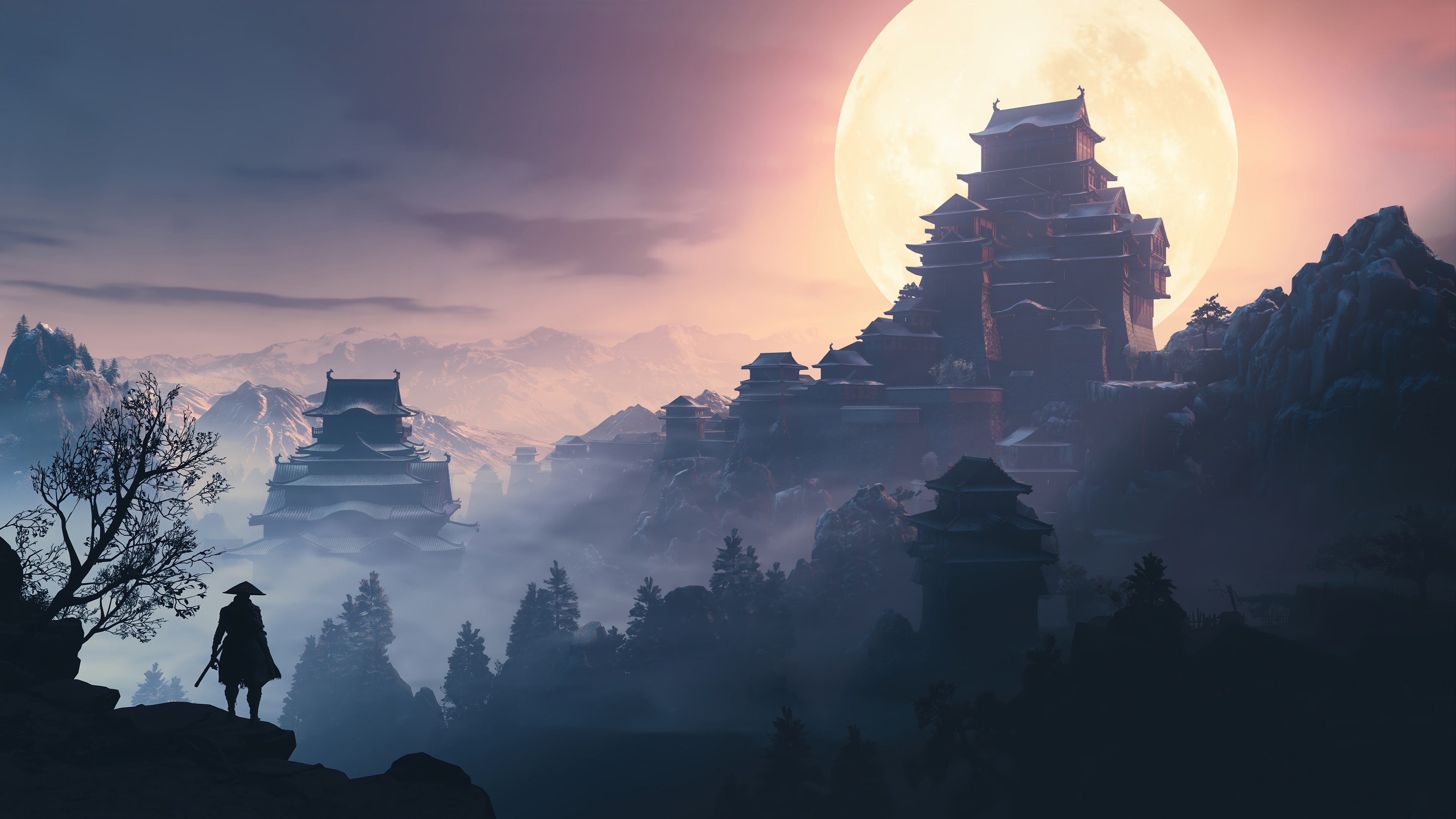 Warrior Silhouette Pagodas Full Moon Eastern Fantasy