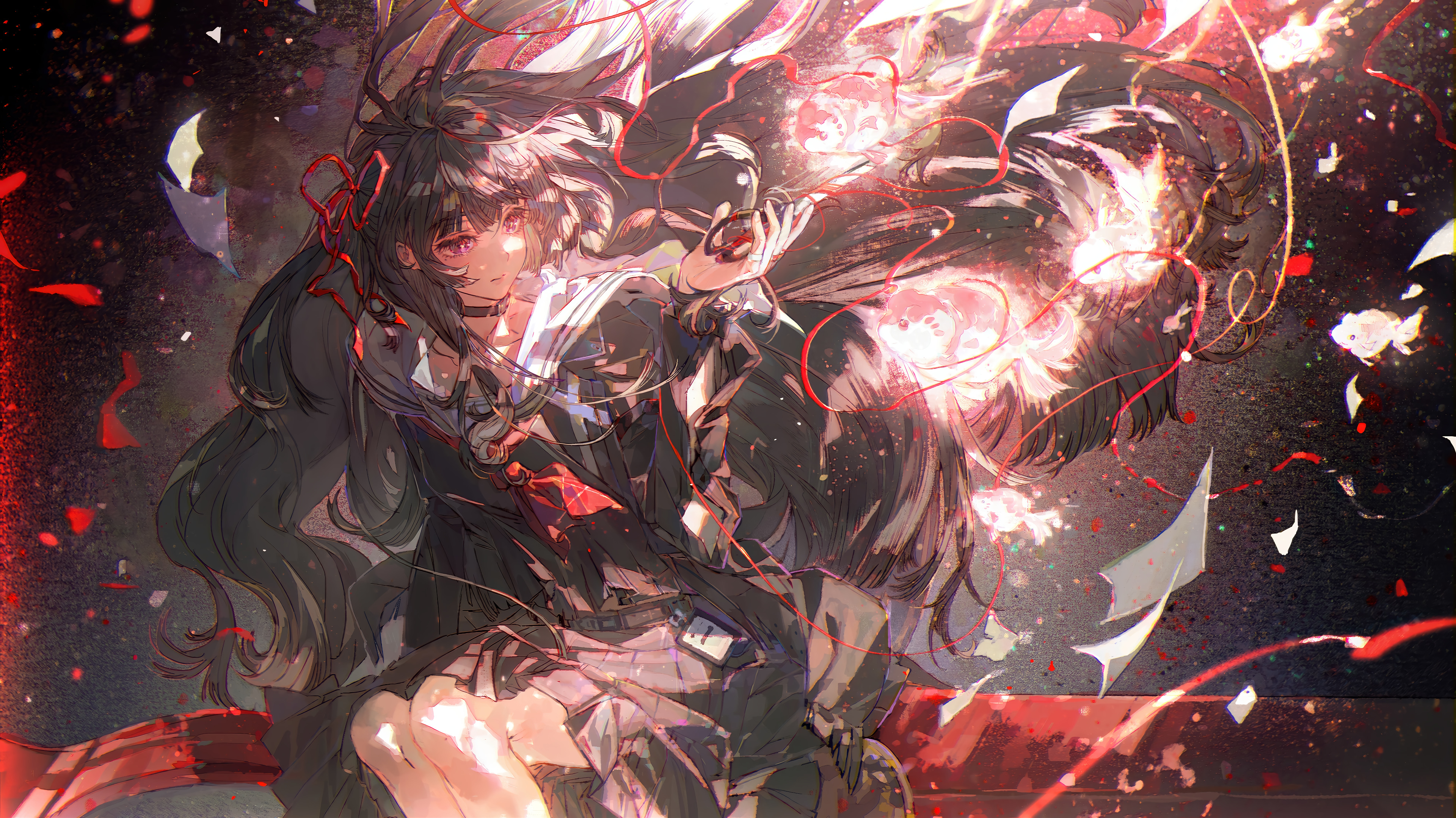 Wuthering Waves Long Hair Red Ribbons Pink Glow Dark Red