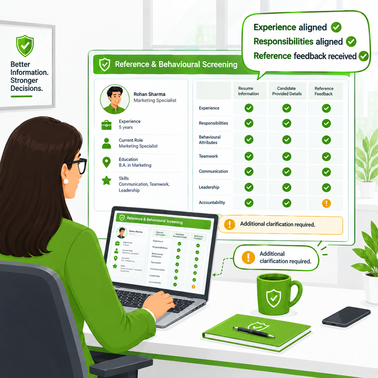 HR manager reviewing reference screening report comic
