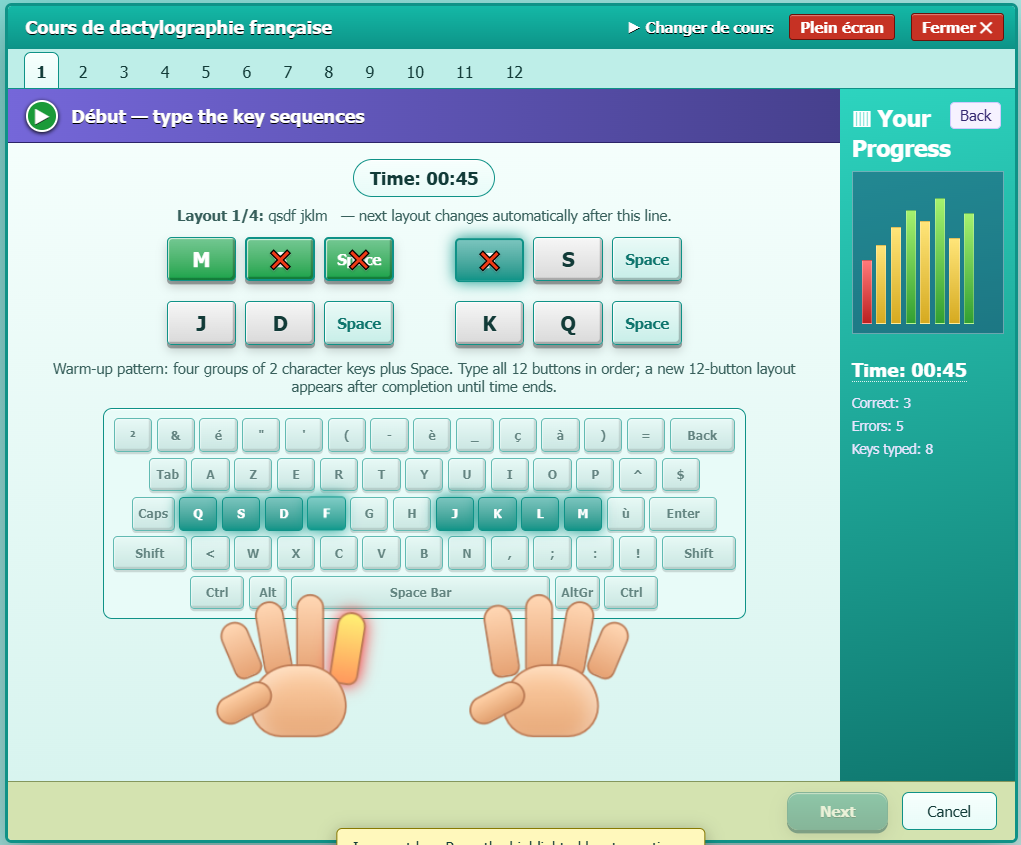 French typing course interface showing AZERTY virtual keyboard, hand guides and real-time progress statistics