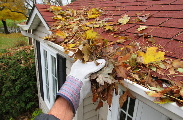Professional gutter leaf cleaning service showing hand removing accumulated dry yellow and brown autumn leaves from rooftop gutter with red tile roof white house exterior during fall