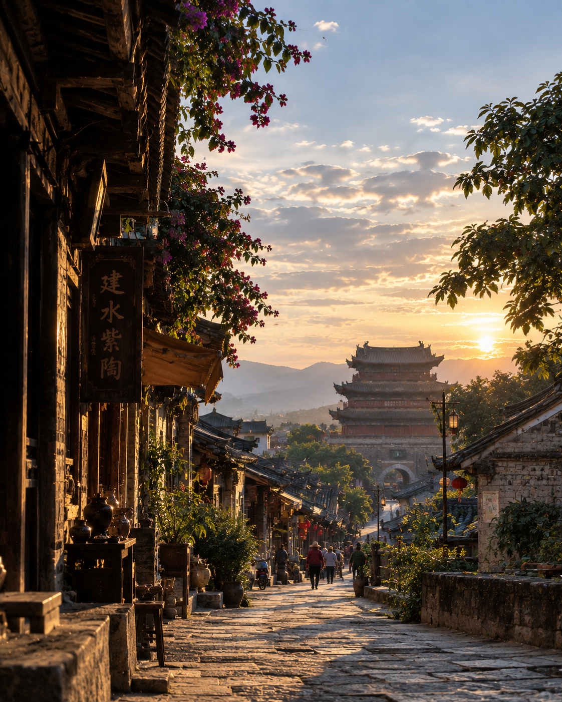 Jianshui's old street at sunset — a Zitao shop sign to the left, a stone-paved lane between old houses, and a traditional tower in the distance