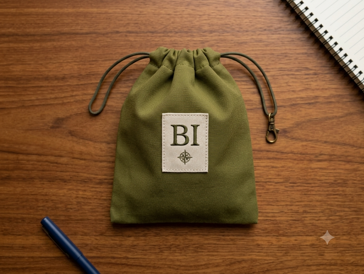Sac drawstring olive kaki avec label BI boussole — B&I Confection