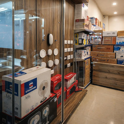Interior view of City Lighting and Electricals showroom in Srinagar, displaying wide range of electrical products and lighting solutions