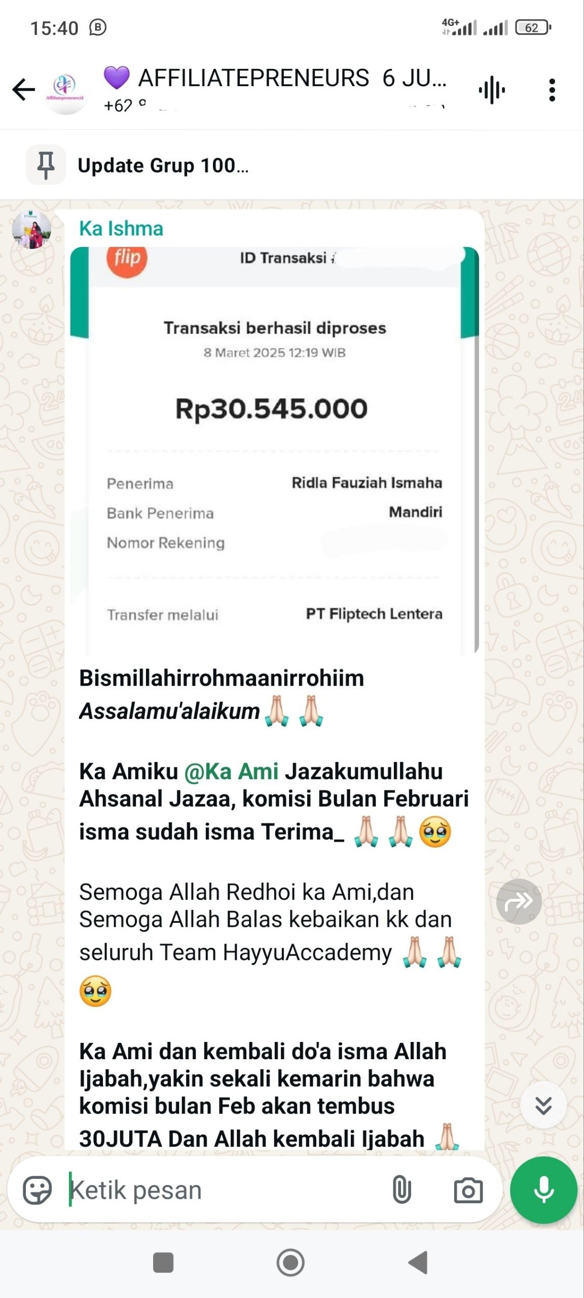 Bukti Transfer Komisi 30 Juta