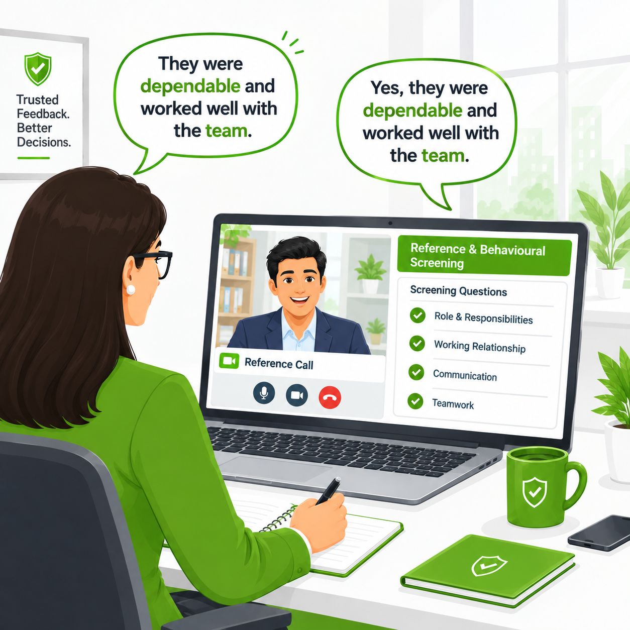 HR manager conducting reference call with screening questions comic
