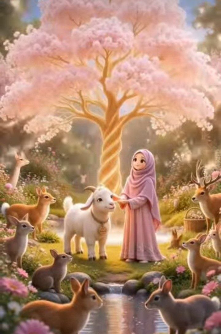 Wanita berpakaian merah muda berinteraksi harmonis dengan berbagai hewan di hutan alami, di bawah pohon raksasa yang indah.