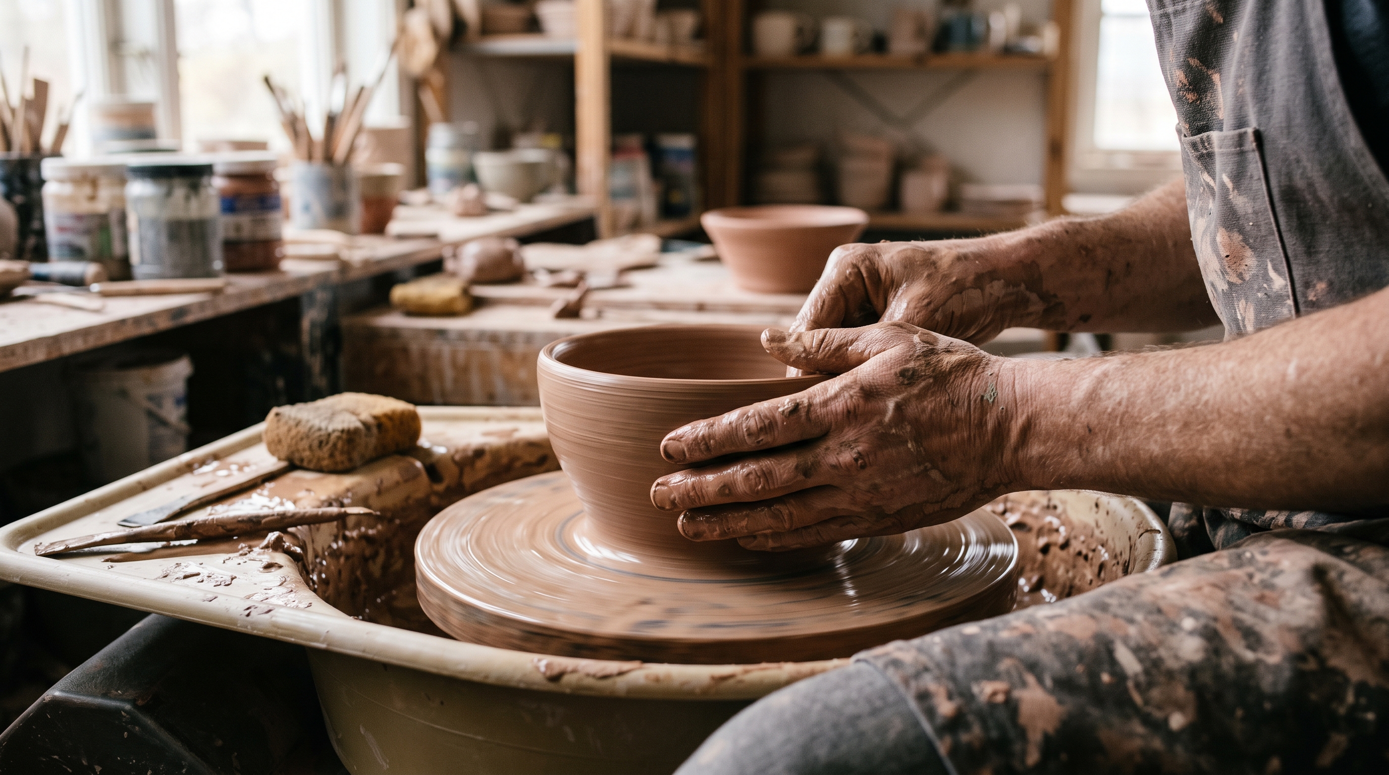 An artisan shaping clay on a spinning wheel in a pottery workshop