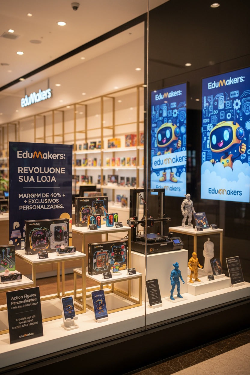 Vitrine EduMakers em Shopping — Produtos 3D impressos em exposição