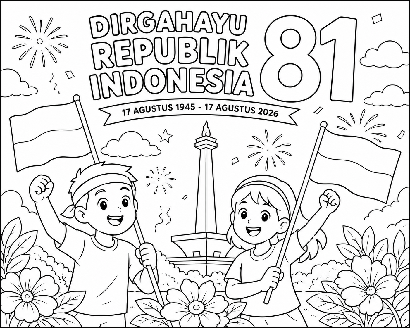 Gambar mewarnai HUT RI 81 dua anak bawa bendera dengan monumen kembang api dan bunga