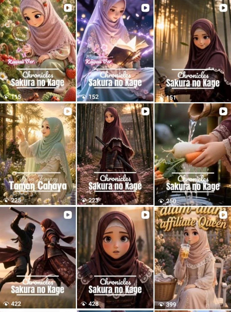 Koleksi ilustrasi 9 kotak bergaya estetik dan bermimpi, menampilkan karakter kartun wanita berhijub dengan pakaian mewah di berbagai adegan: hutan, taman, membaca, dengan elemen bunga, buku, dan senjata. Berisi teks 'Chronicles Sakura no Kage' dan 'Taman Cahaya', menciptakan suasana penuh cerita.