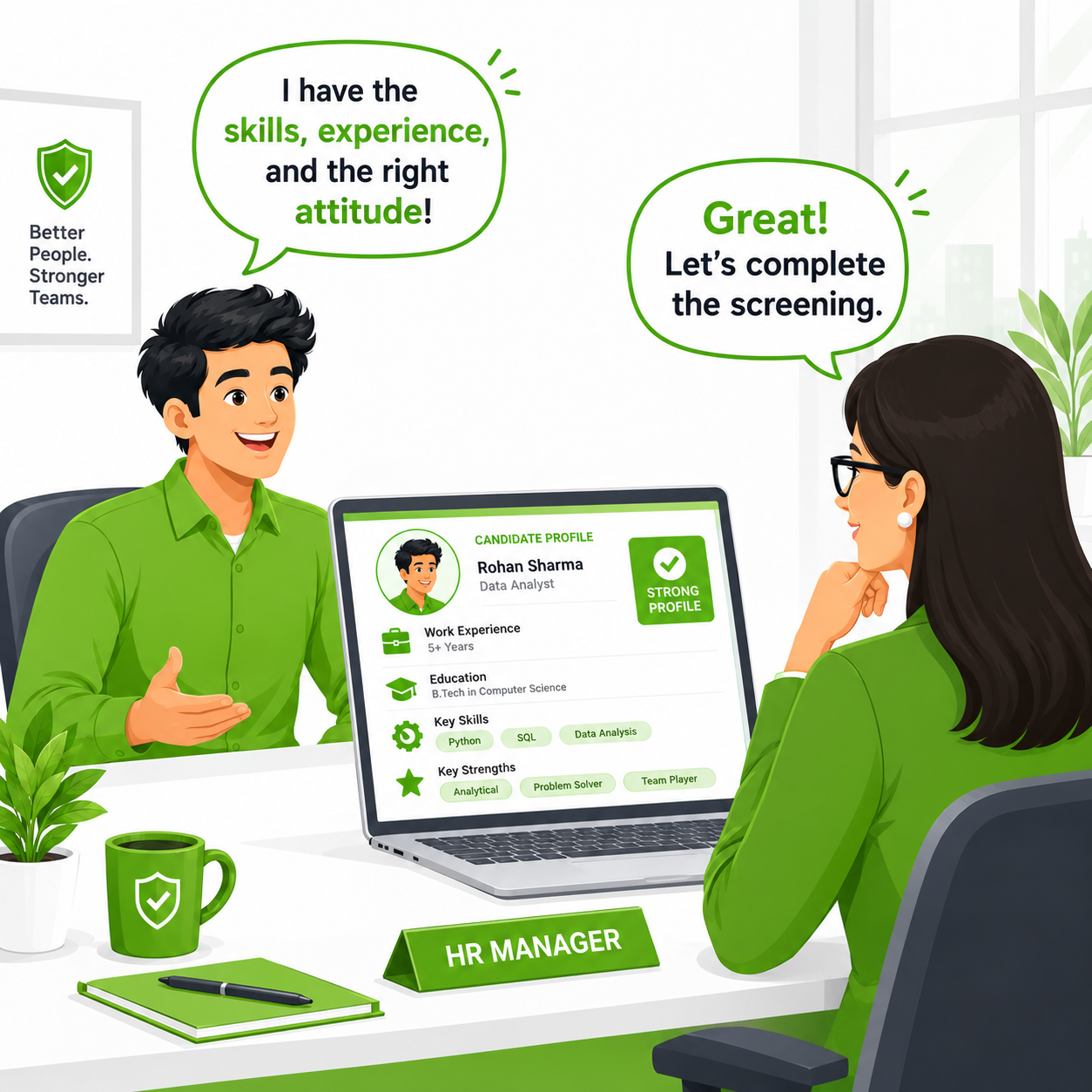 HR manager interviewing candidate with strong profile comic