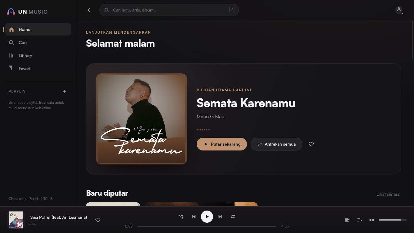 Tangkapan layar web UNMUSIC: rekomendasi lagu dan player musik
