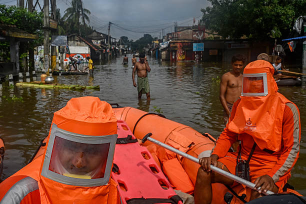 People gathered with relief supplies