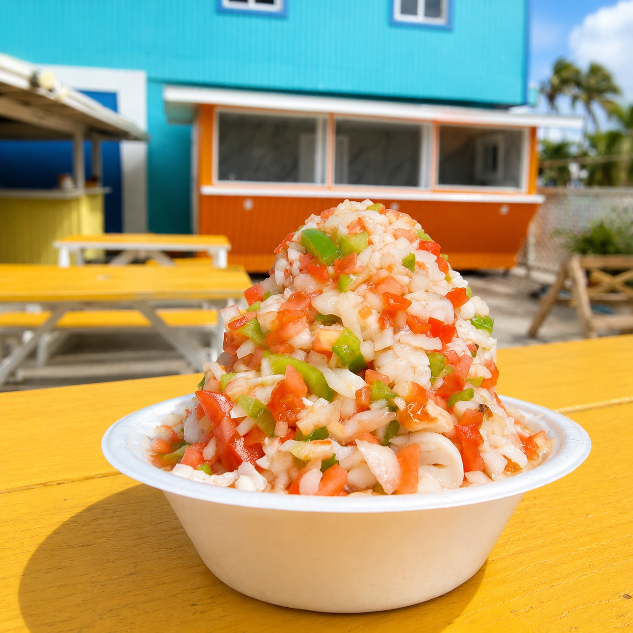 Close up of a fresh conch salad bowl with citrus, tomatoes, and goat pepper.