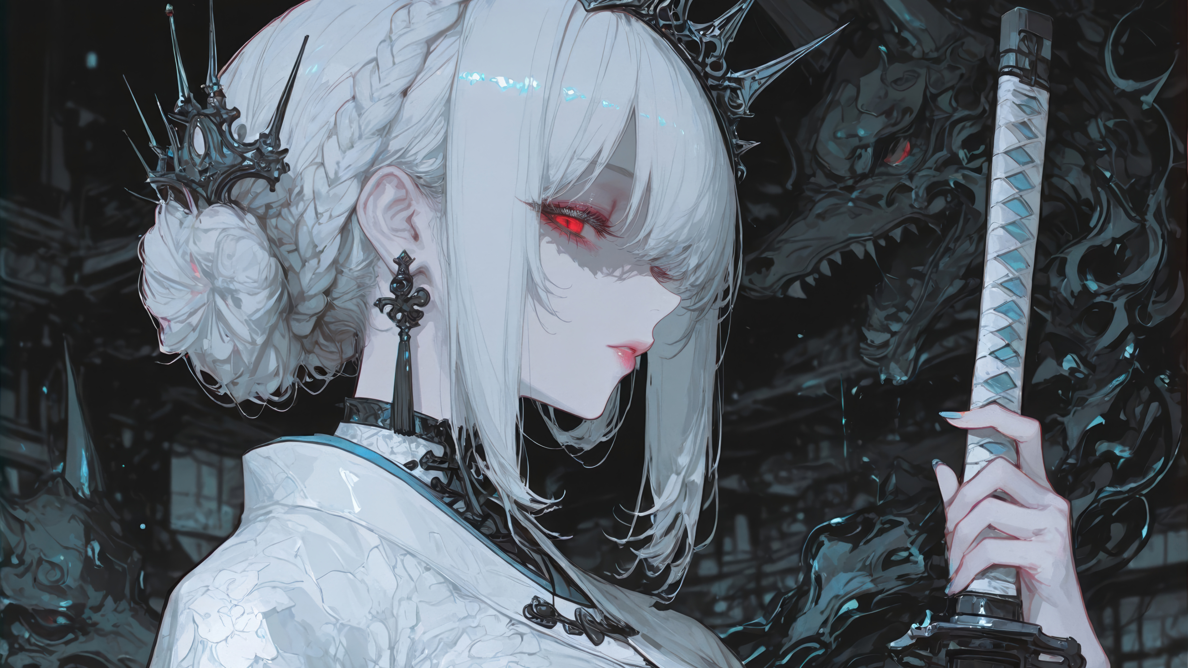 White Hair Katana Horns Anime