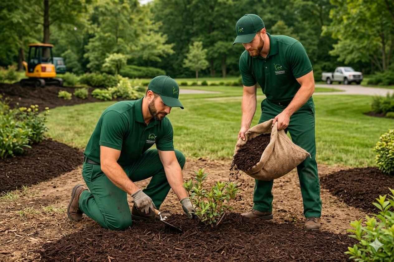 Trusted Lawn Services professional team in green uniforms performing mulching service installing dark mulch around plants in a landscaped yard with yellow excavator and white truck on site