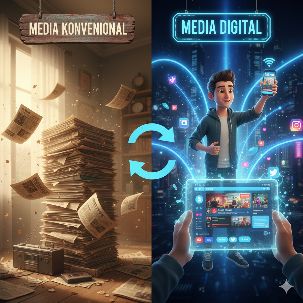 Ilustrasi perbandingan media lama dan media digital