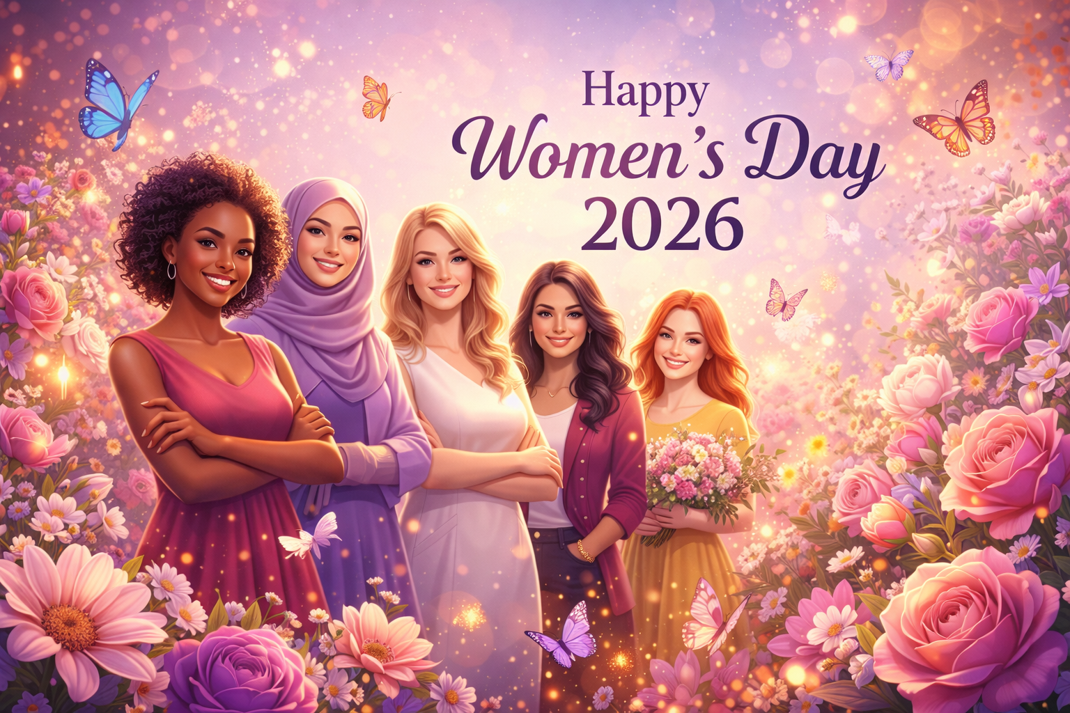 Celebrating Happy Women's Day 2026 with flowers and butterflies, featuring five women in a vibrant, festive scene.