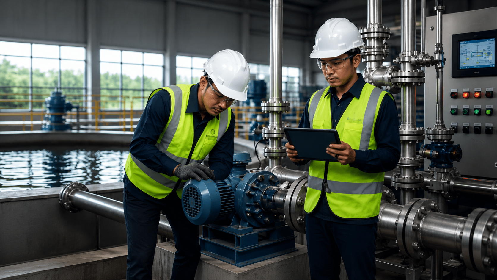 Engineer memeriksa peralatan mekanis dan monitoring data di fasilitas IPAL