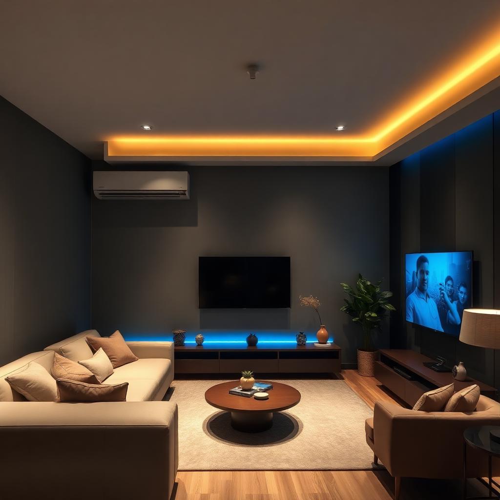 Modern living room with air conditioner, wall-mounted TV with blue LED strip, sofa and wooden coffee table at ANUPAM LIFE STYLE ELECTRONICS showroom in Raigarh