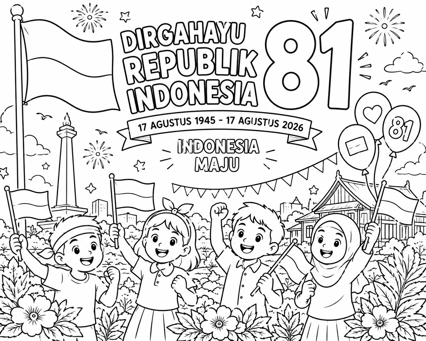 Gambar mewarnai HUT RI 81 anak merayakan kemerdekaan dengan monumen dan kembang api