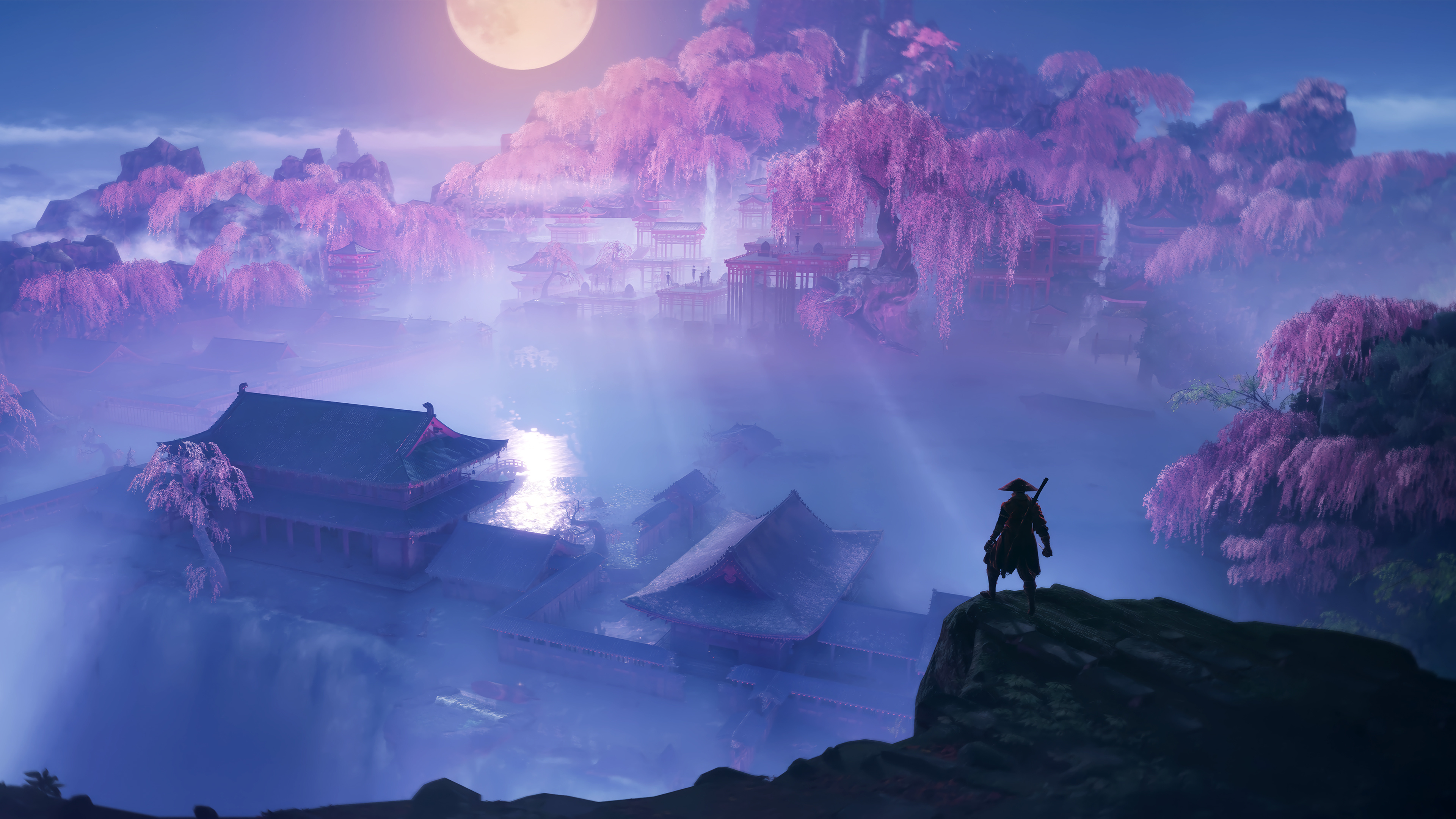 Ancient Chinese Temple Warrior Full Moon Misty