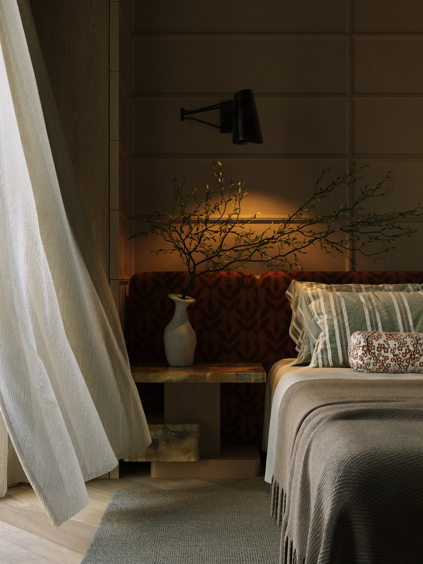 Bedroom corner with warm lighting and vase