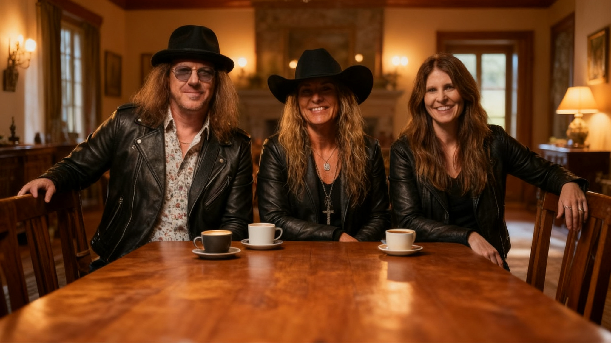 Hadleigh, Tessa, and Ken sitting around a wooden table with coffee cups in a rustic diner