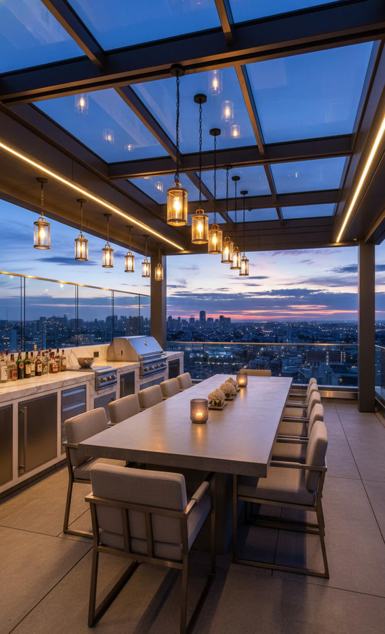 Rooftop dining space with city skyline view